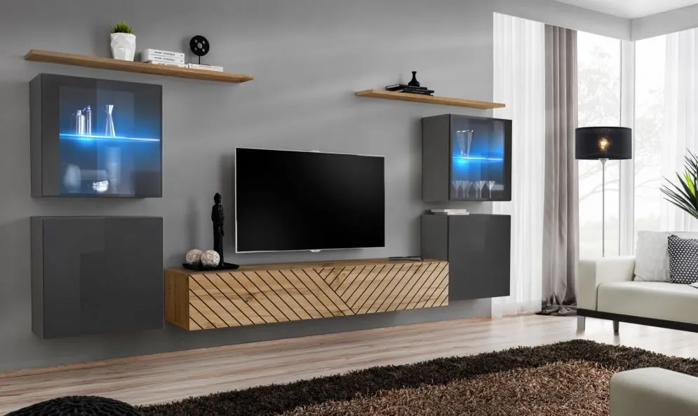 Meblościanka SWITCH LAMEL XIV szara/dąb wotan do salonu I sklep meblowy MIRAT. styl RYFLOWANY