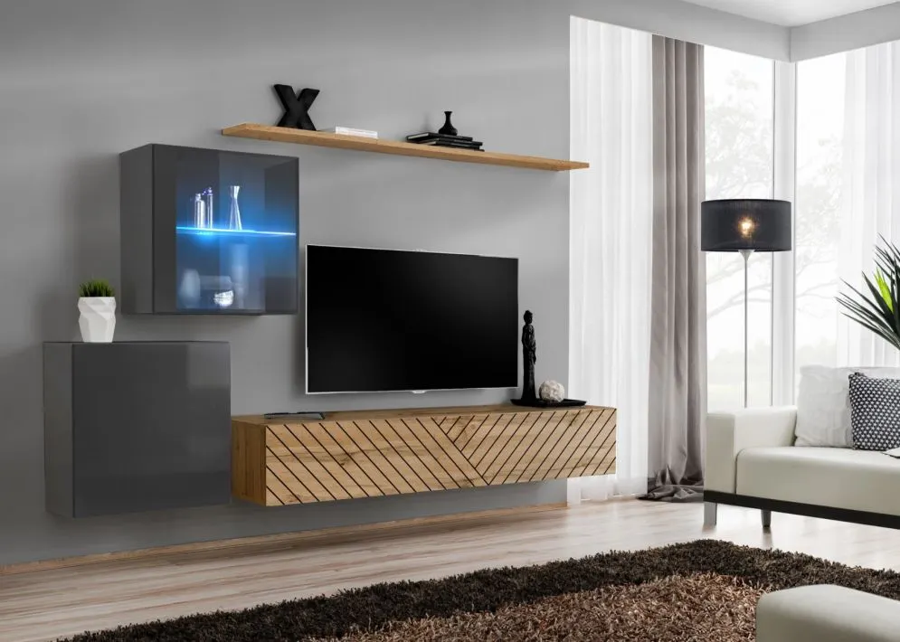 Meblościanka SWITCH LAMEL XV szara/dąb wotan z ryflowanymi fronatmi I sklep meblowy MIRAT. styl RYFLOWANY