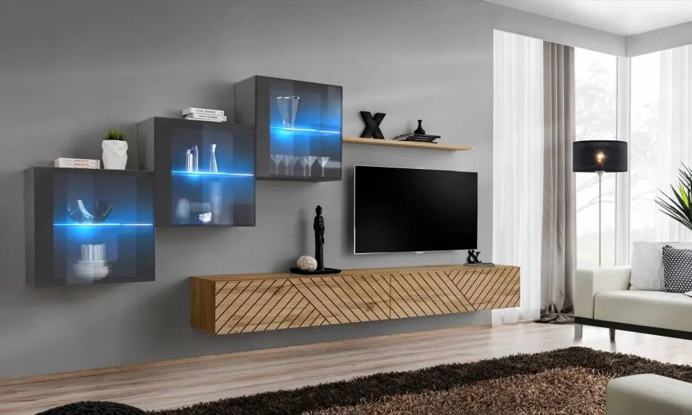 Meblościanka SWITCH LAMEL XX szara/dąb wotan LED I sklep meblowy MIRAT. styl RYFLOWANY