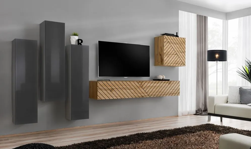 Meblościanka SWITCH LAMEL III szara/dąb wotan ryflowane fronty I sklep meblowy MIRAT. styl RYFLOWANY