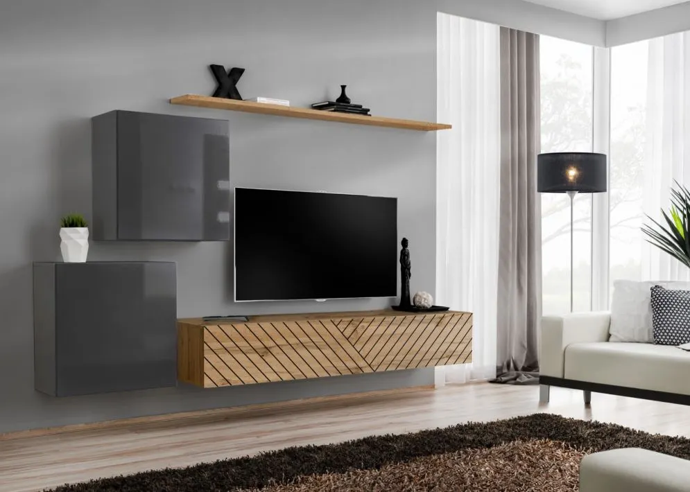 Meblościanka SWITCH LAMEL V szara/dąb wotan nowoczesna I sklep meblowy MIRAT. styl RYFLOWANY