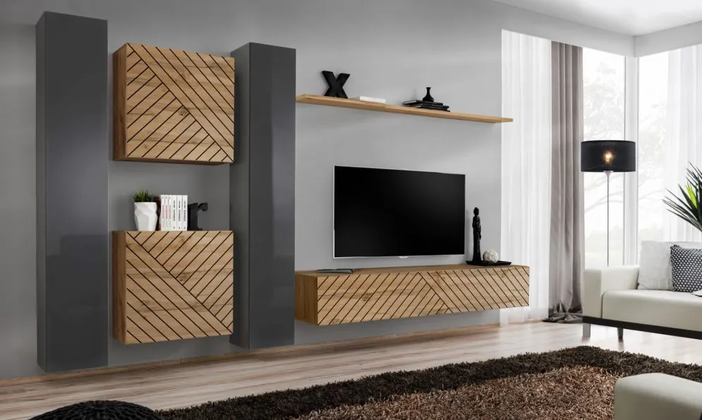 Meblościanka SWITCH LAMEL VI dąb wotan/szara wisząca I sklep meblowy MIRAT. styl RYFLOWANY