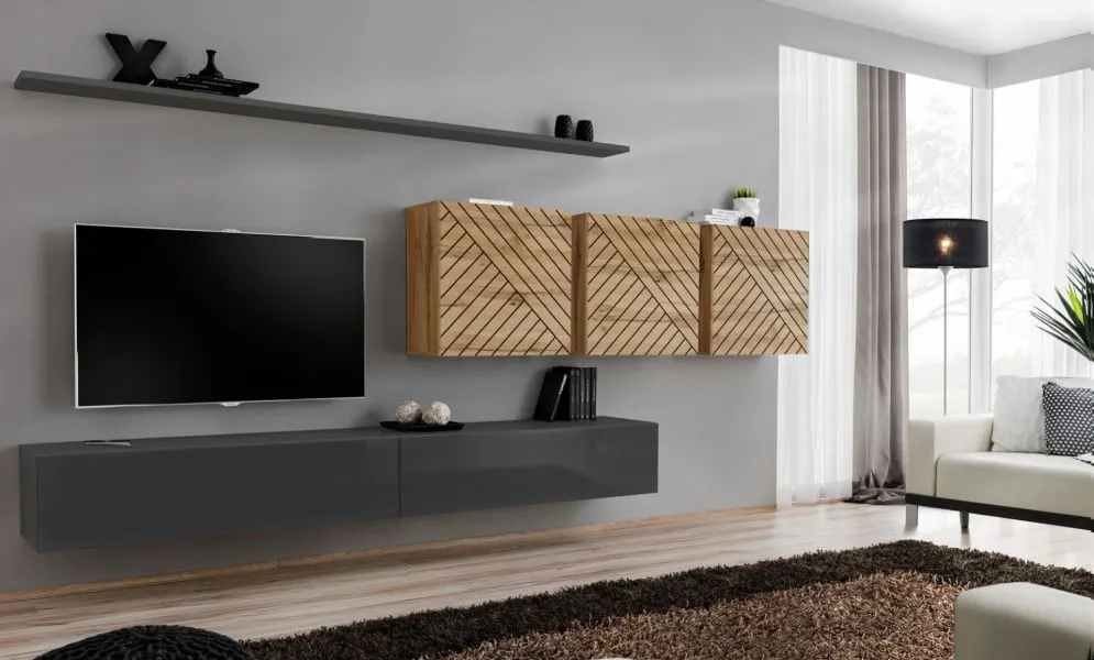 Meblościanka SWITCH LAMEL VII szara/dąb wotan wisząca I sklep meblowy MIRAT. styl RYFLOWANY