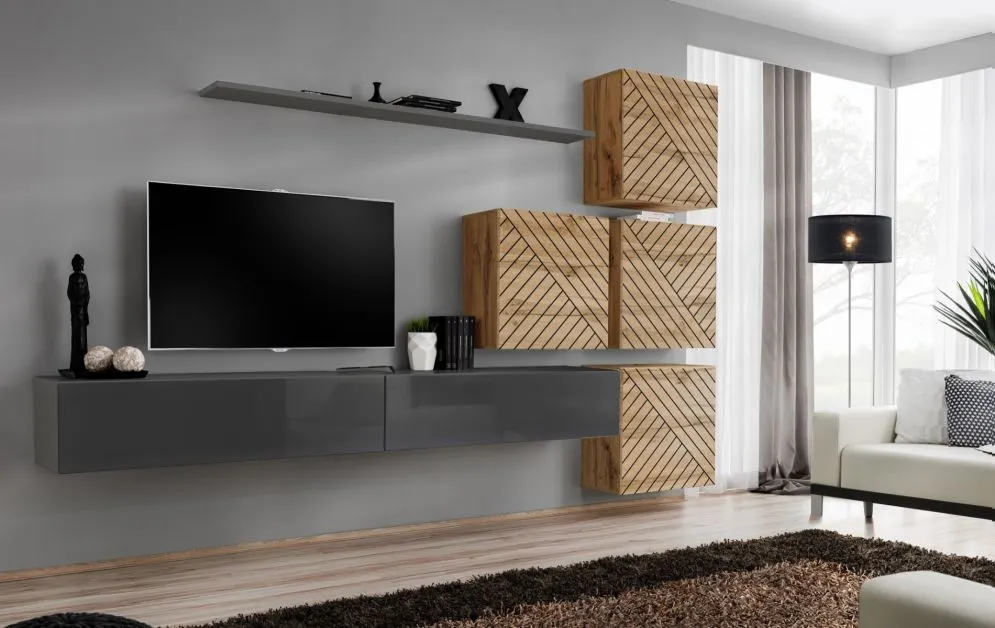 Meblościanka SWITCH LAMEL IX szara/dąb wotan w stylu loftowym I sklep meblowy MIRAT. styl RYFLOWANY