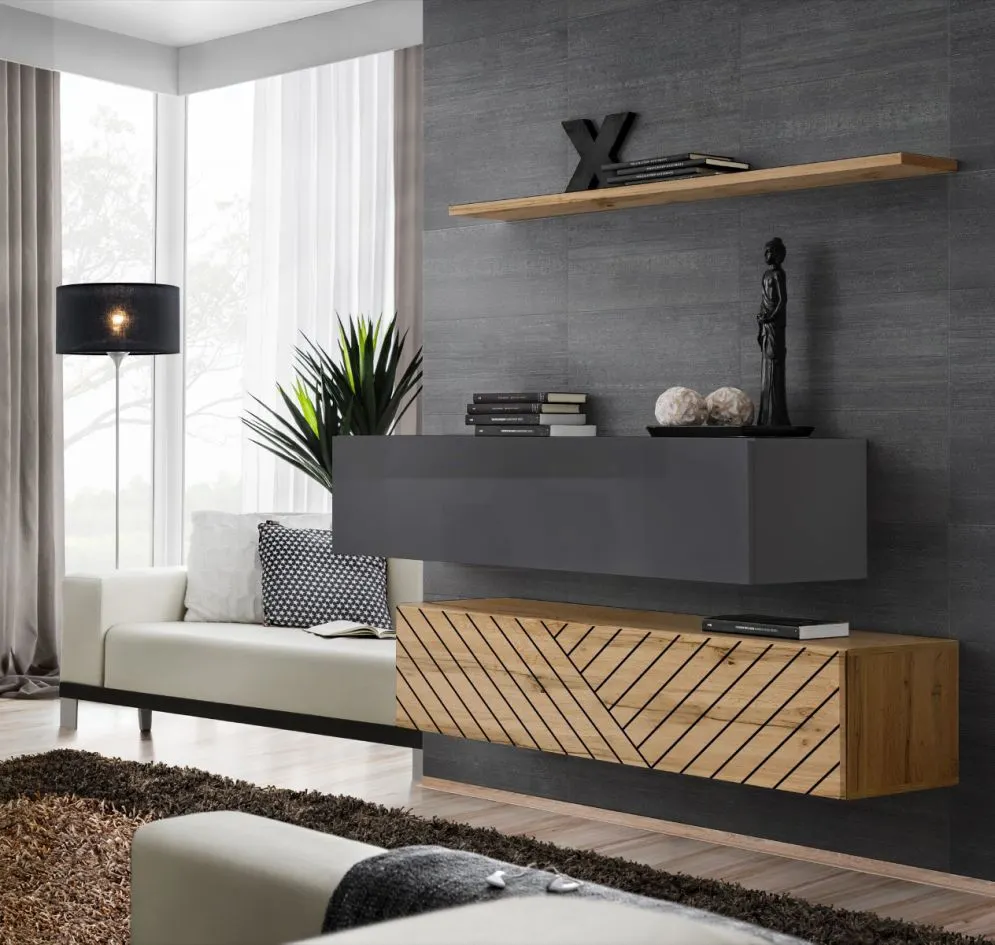 Meblościanka SWITCH LAMEL SB2 dąb wotan/szara wisząca I sklep meblowy MIRAT. styl RYFLOWANY kolekcja SWITCH LAMEL