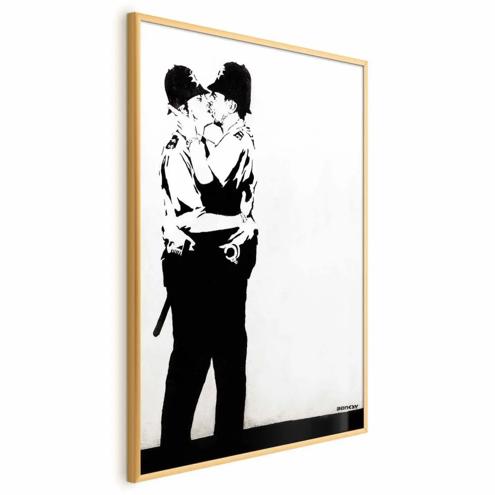 Plakat Pocałunek policjantów 21x30 cm z ramą złotą bez marginesu | MIRAT.