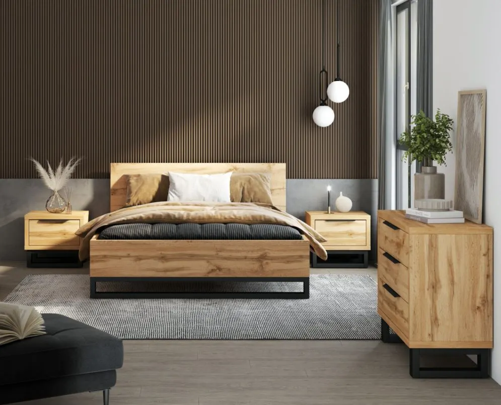 Łóżko HALLE 180x200 dąb wotan mat/czarne z pojemnikiem I sklep meblowy MIRAT. styl LOFT, SKANDYNAWSKI kolekcja HALLE