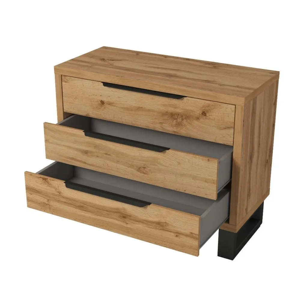 Komoda HALLE 3S 99cm dąb wotan mat/czarna z szufladami I sklep meblowy MIRAT. styl LOFT, SKANDYNAWSKI