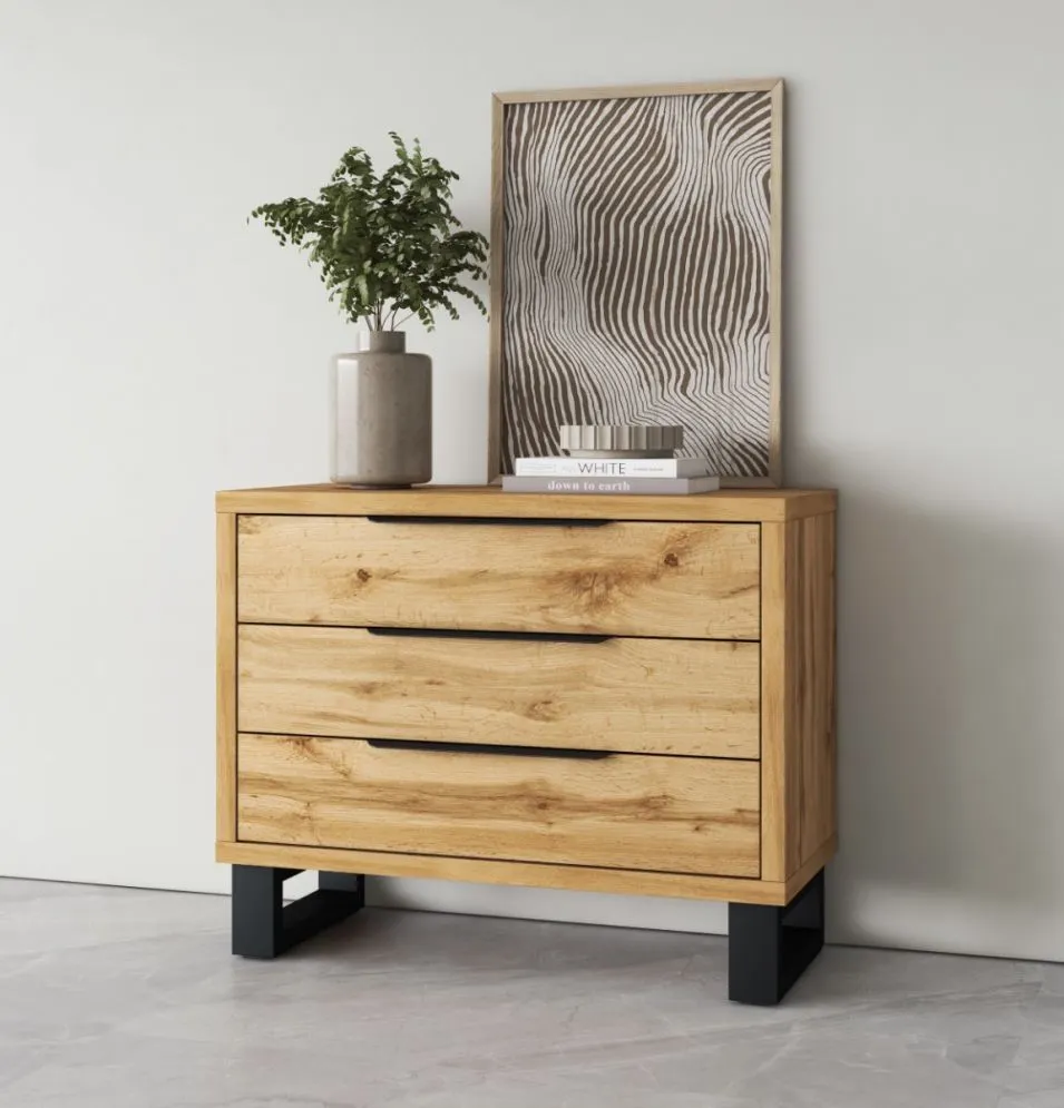 Komoda HALLE 3S 99cm dąb wotan mat/czarna z szufladami I sklep meblowy MIRAT. styl LOFT, SKANDYNAWSKI