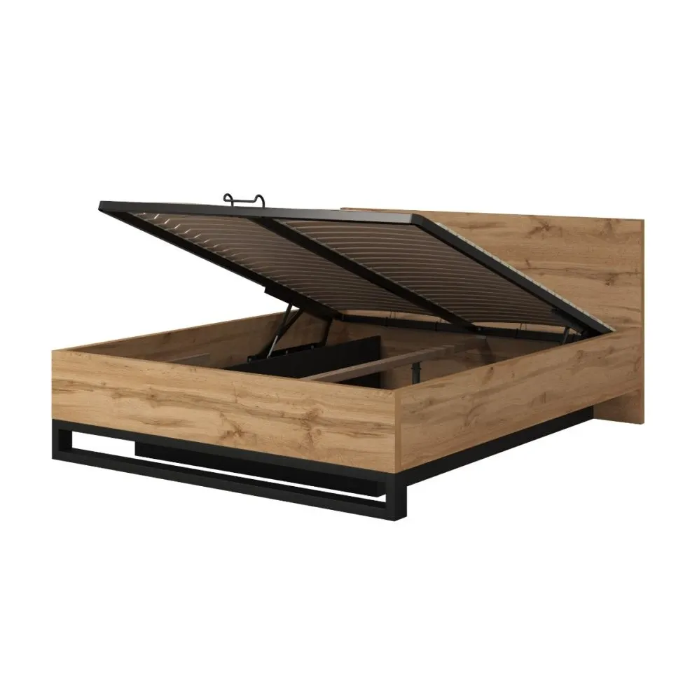 Łóżko HALLE 160x200 dąb wotan mat/czarne z pojemnikiem I sklep meblowy MIRAT. styl LOFT, SKANDYNAWSKI kolekcja HALLE