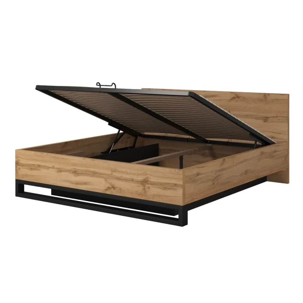 Łóżko HALLE 180x200 dąb wotan mat/czarne z pojemnikiem I sklep meblowy MIRAT. styl LOFT, SKANDYNAWSKI kolekcja HALLE