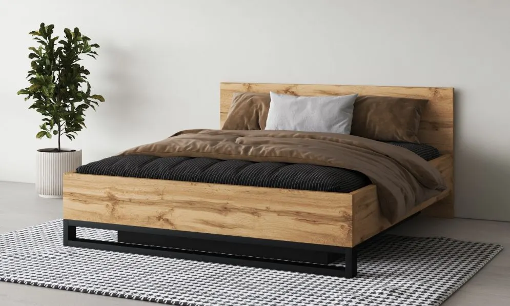 Łóżko HALLE 180x200 dąb wotan mat/czarne z pojemnikiem I sklep meblowy MIRAT. styl LOFT, SKANDYNAWSKI kolekcja HALLE