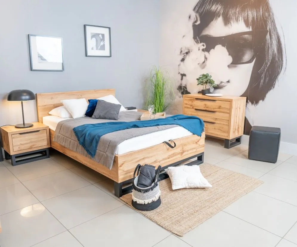 Łóżko HALLE 140x200 dąb wotan mat/czarne z pojemnikiem I sklep meblowy MIRAT. styl LOFT, SKANDYNAWSKI