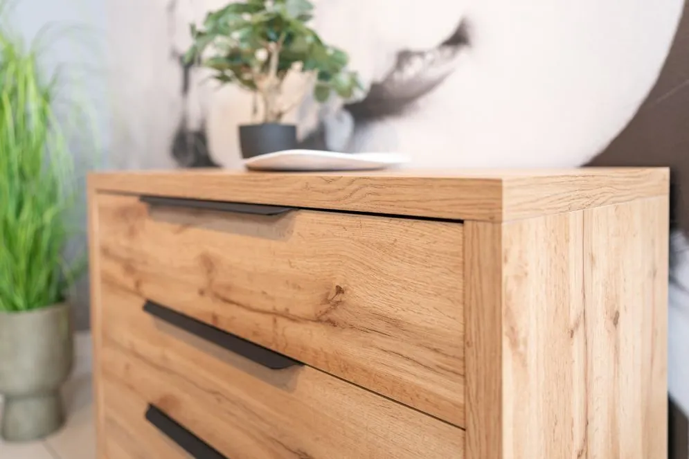 Komoda HALLE 3S 99cm dąb wotan mat/czarna z szufladami I sklep meblowy MIRAT. styl LOFT, SKANDYNAWSKI