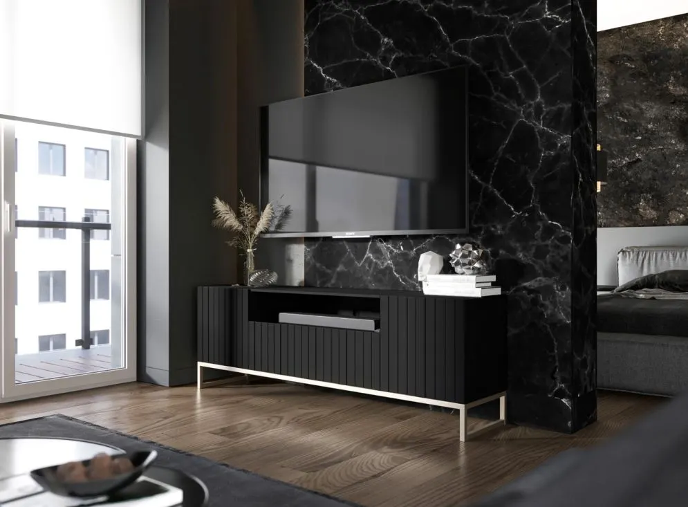 Szafka RTV TAL 2D1K 150cm czarna mat loftowa I sklep meblowy MIRAT. styl GLAMOUR, LOFT, RYFLOWANY kolekcja TAL