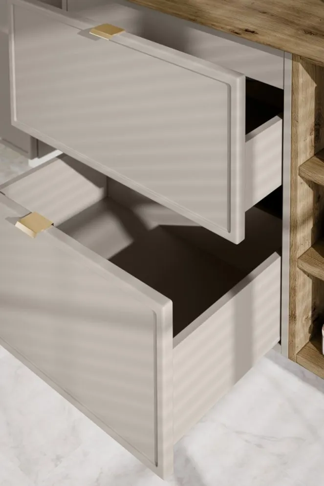 Szafka pod umywalkę nablatową BELLA CASHMERE 80cm kaszmirowa - zestaw 100 cm z regałem i blatem I sklep meblowy MIRAT.