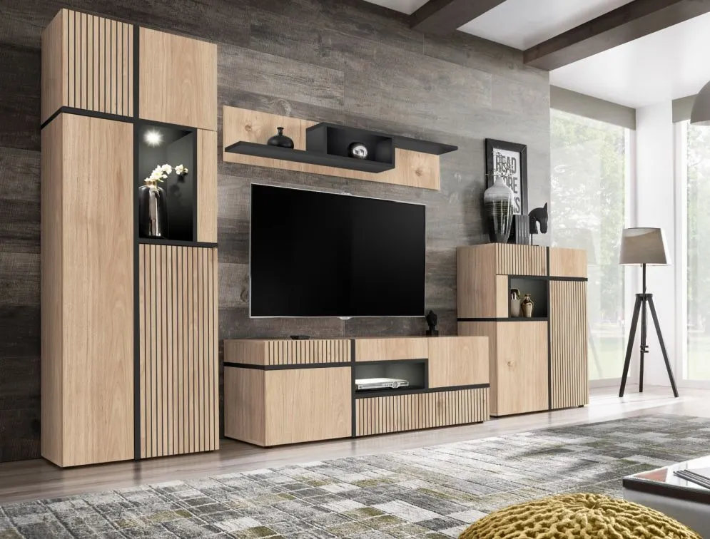 Szafka RTV CROSS LED hickory jackson/czarna ryflowane fronty I sklep meblowy MIRAT.