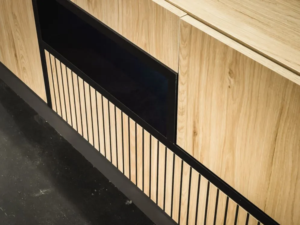 Szafka RTV CROSS LED hickory jackson/czarna ryflowane fronty I sklep meblowy MIRAT.