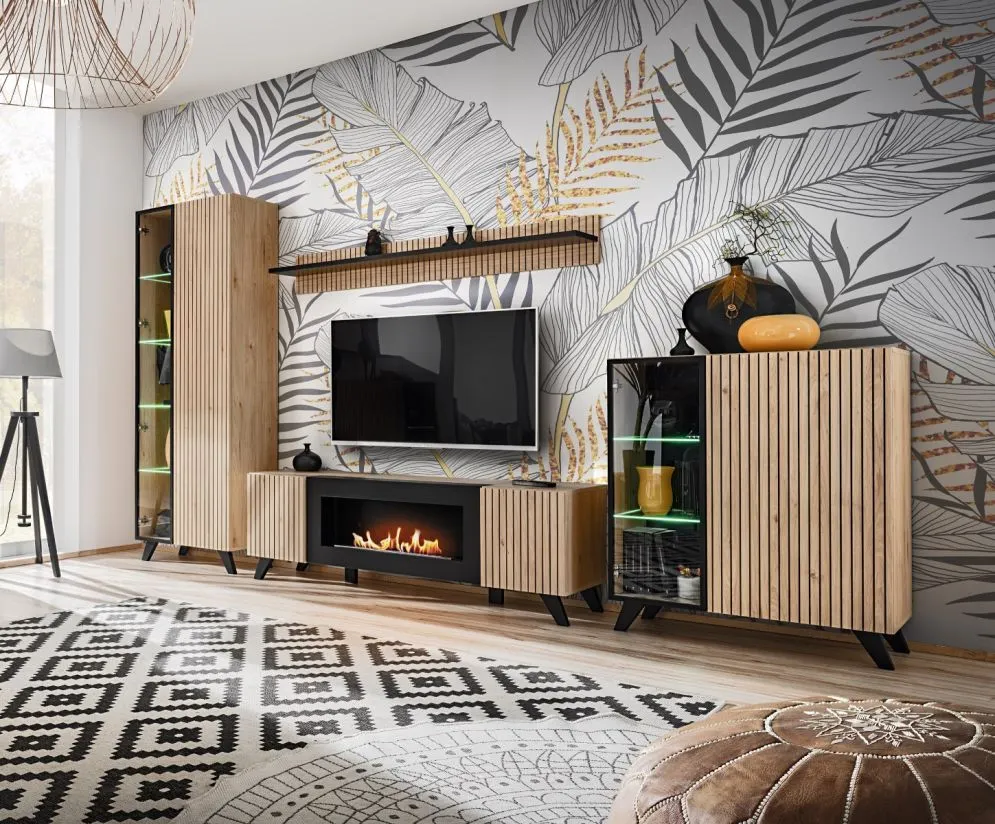 Witryna wysoka LIAM hickory jackson z podświetleniem LED I sklep meblowy MIRAT.