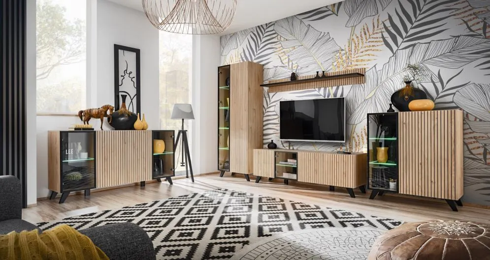 Witryna wysoka LIAM hickory jackson z podświetleniem LED I sklep meblowy MIRAT.