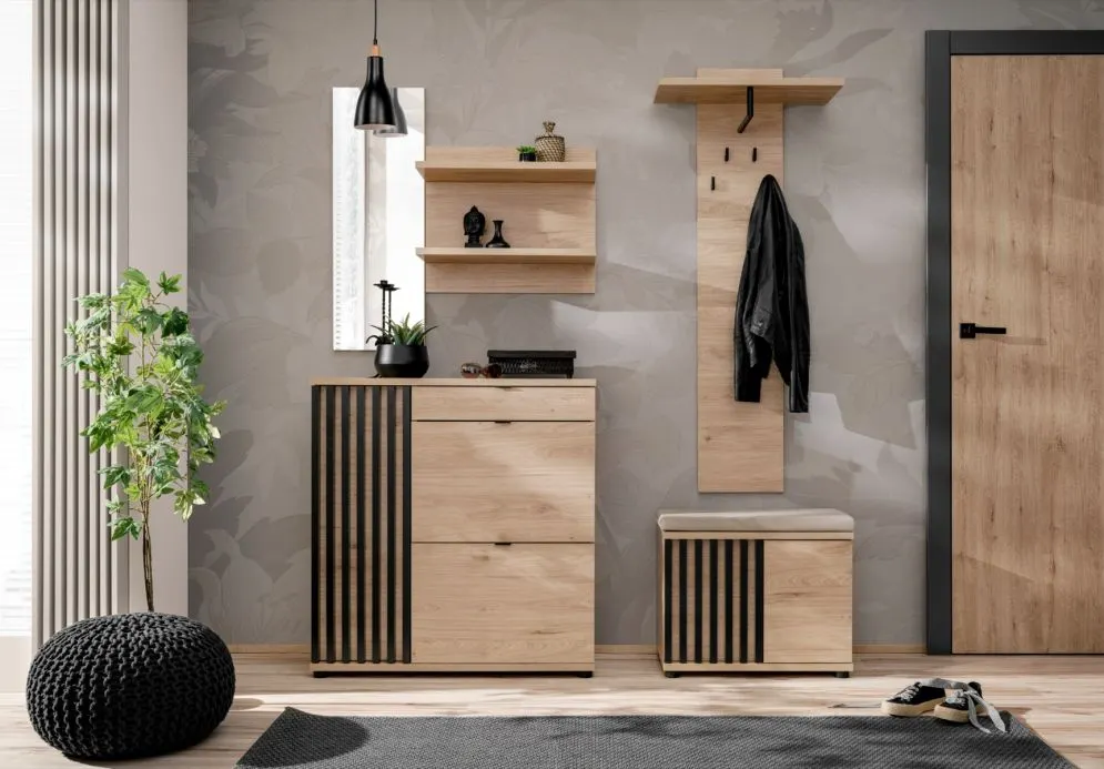 Garderoba do przedpokoju PEDRO I hickory jackson/czarna z siedziskiem I sklep meblowy MIRAT.