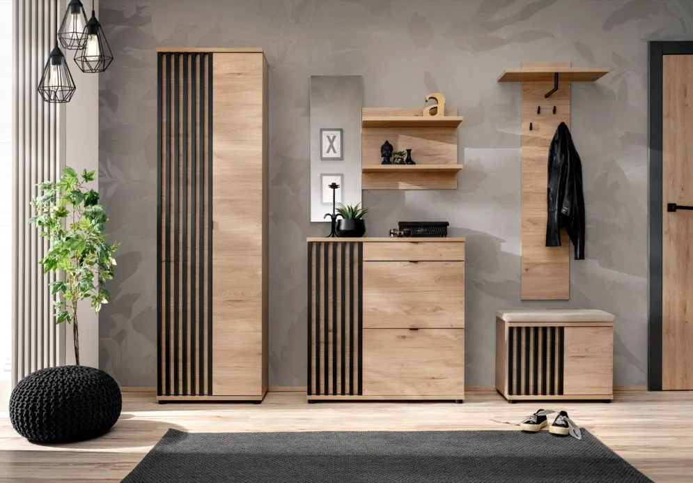 Szafka na buty z siedziskiem PEDRO hickory jackson/czarna z lamelami I sklep meblowy MIRAT.