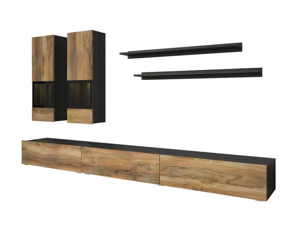 Loftowa meblościanka BAROS 270cm orzech/czarna I sklep meblowy MIRAT. styl LOFT kolekcja BAROS