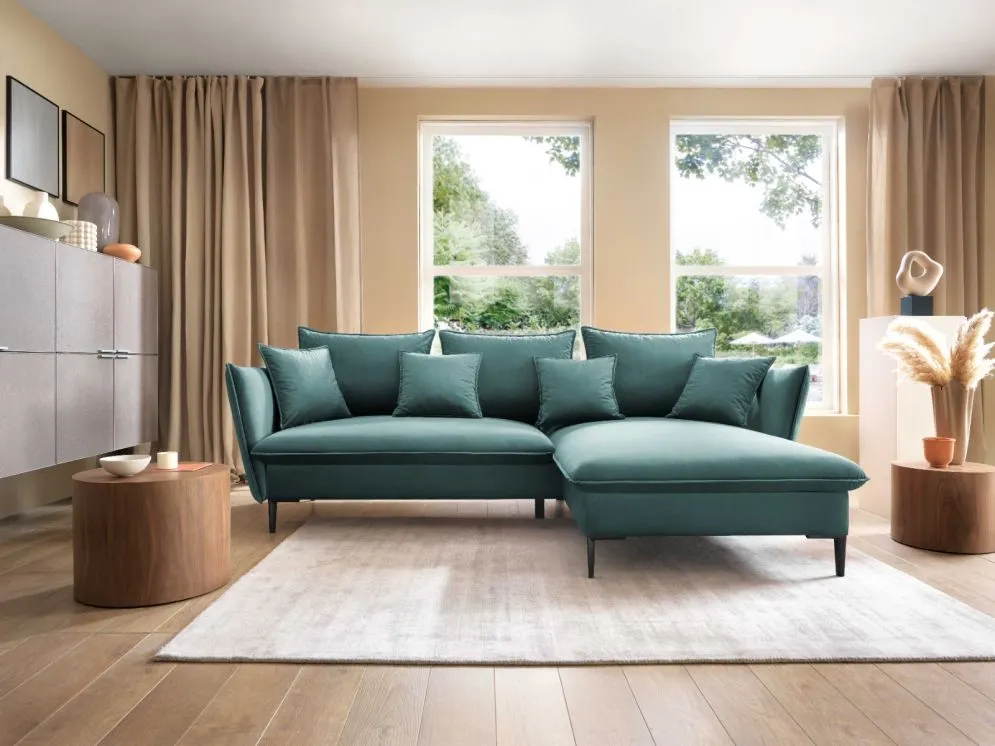 Narożnik z funkcją spania BOSS morski z poduszkami  I sklep meblowy MIRAT.