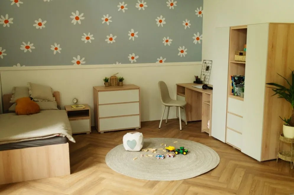 Łóżko młodzieżowe DALIA 90x200 buk/szare jednoosobowe I sklep meblowy MIRAT. styl SKANDYNAWSKI kolekcja DALIA