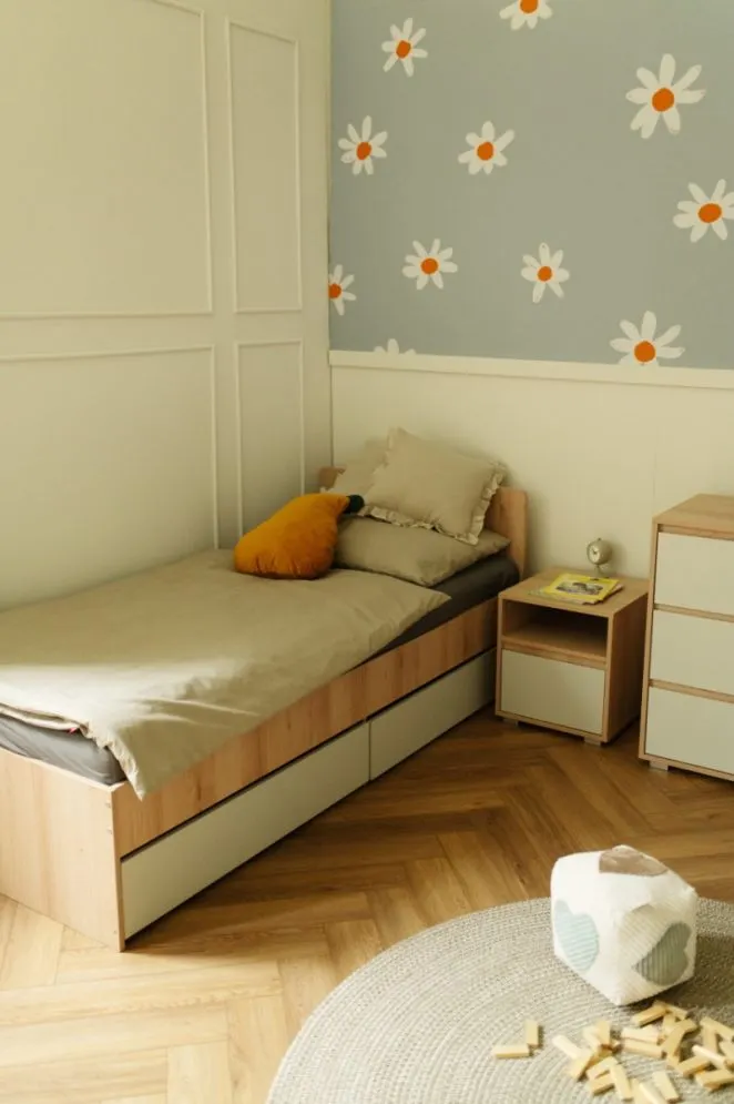 Łóżko młodzieżowe DALIA 90x200 buk/szare jednoosobowe I sklep meblowy MIRAT. styl SKANDYNAWSKI kolekcja DALIA