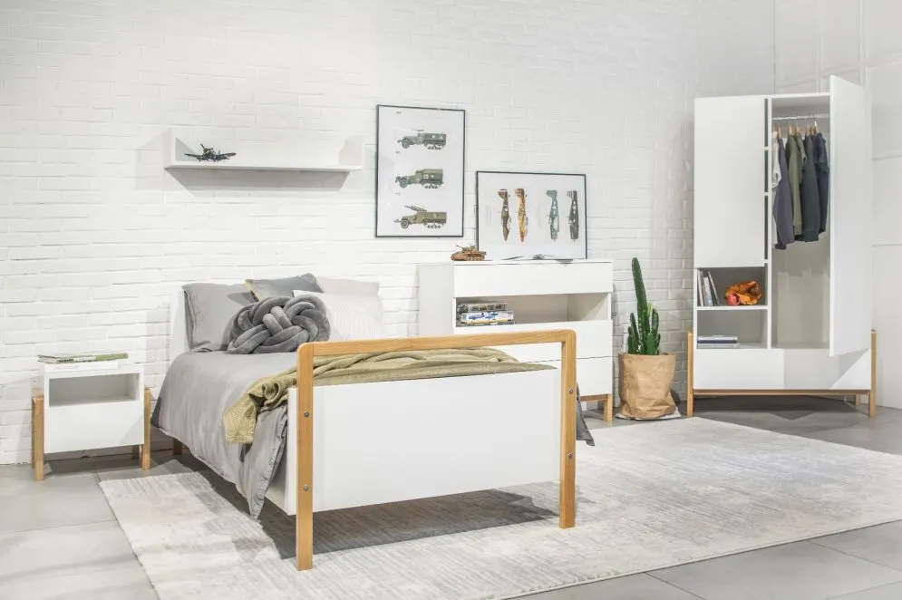 Szafa dziecięca VICTOR biała/dąb z półkami i szufladą | MIRAT. styl SKANDYNAWSKI kolekcja VICTOR