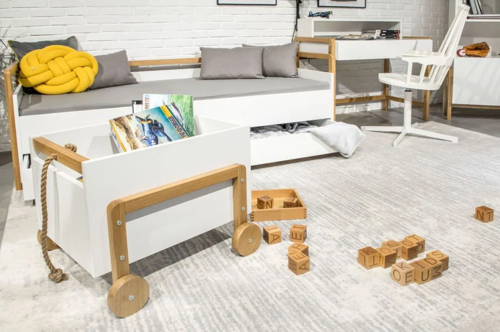 Kontenerek VICTOR biały/dąb na kółkach z linką | MIRAT. styl SKANDYNAWSKI kolekcja VICTOR