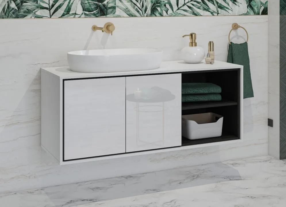 Szafka pod umywalkę nablatową GAJA 2D 120cm biały połysk/czarna z regałem I sklep meblowy MIRAT.  kolekcja GAJA