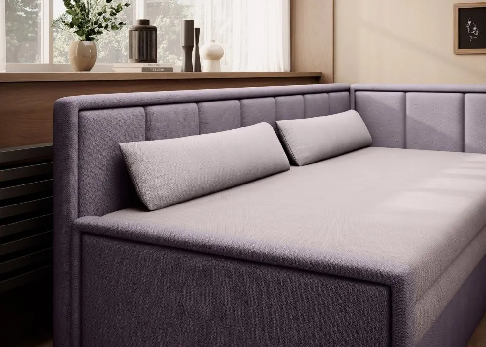 Sofa rozkładana z funkcją spania FULGEO różowa/jasnofioletowa prawa - powystawowy I sklep meblowy MIRAT.