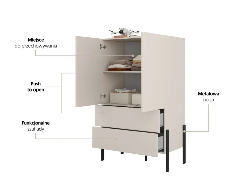Komoda wysoka JUKON 2D2S 90cm kaszmirowa na metalowych nogach I sklep meblowy MIRAT.