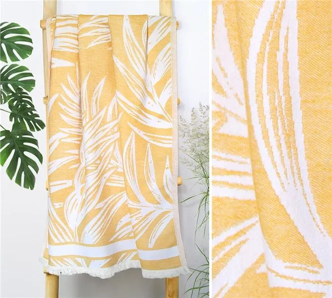 Bawełniany ręcznik plażowy 90x180 JUNGLE SUNNY 215g/m2 Premium żółty/biały I sklep meblowy MIRAT.