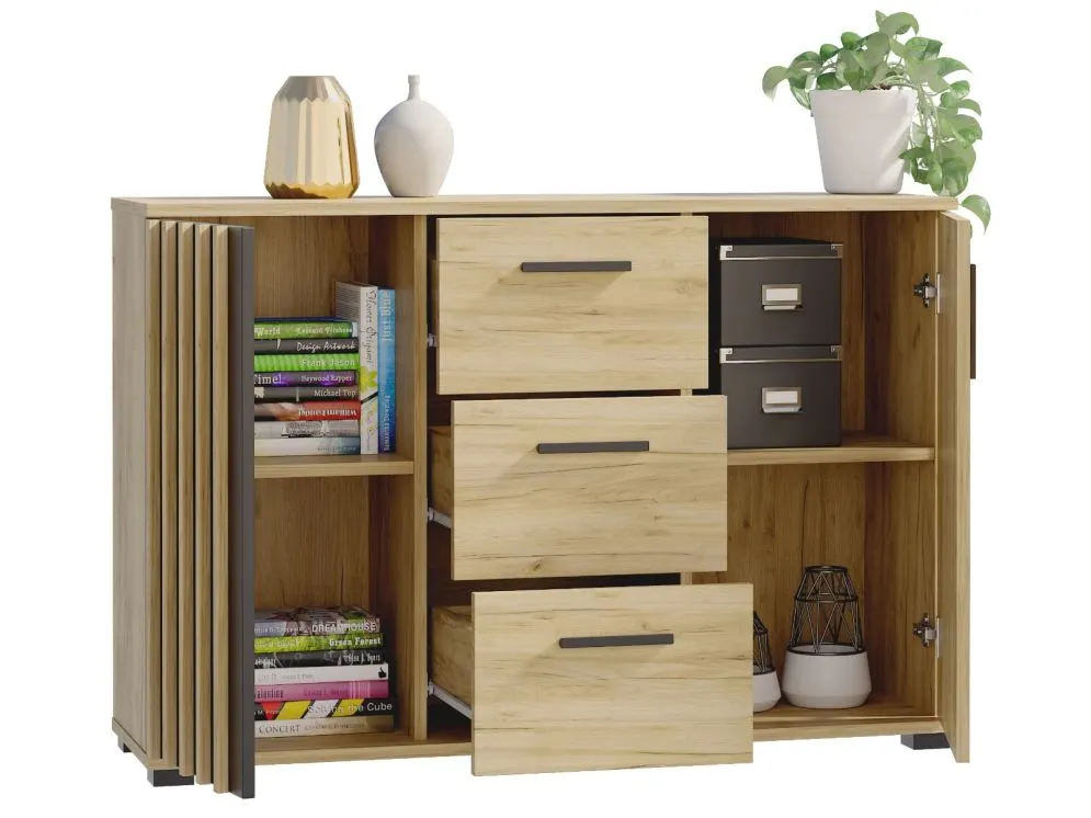 Meblościanka KALI 03 czarna/dąb craft z lamelami I sklep meblowy MIRAT. styl LOFT, RYFLOWANY