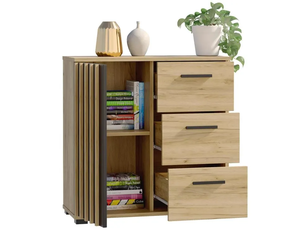 Komoda KALI 80 1D3SZ czarny/dąb craft w stylu loftowym I sklep meblowy MIRAT. styl LOFT, RYFLOWANY