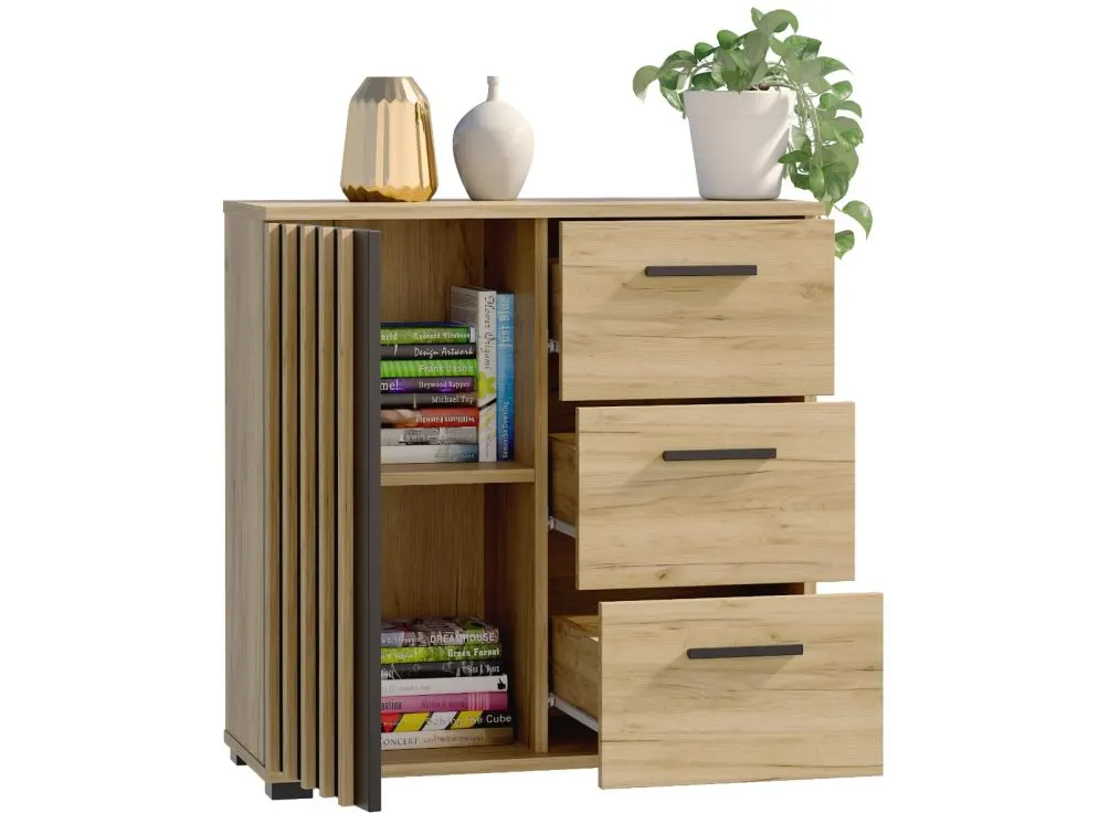 Meblościanka KALI 02 czarna/dąb craft do salonu I sklep meblowy MIRAT. styl LOFT, RYFLOWANY