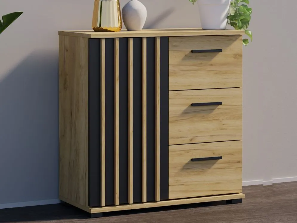 Meblościanka KALI 04 czarna/dąb craft w stylu loftowym I sklep meblowy MIRAT. styl LOFT, RYFLOWANY