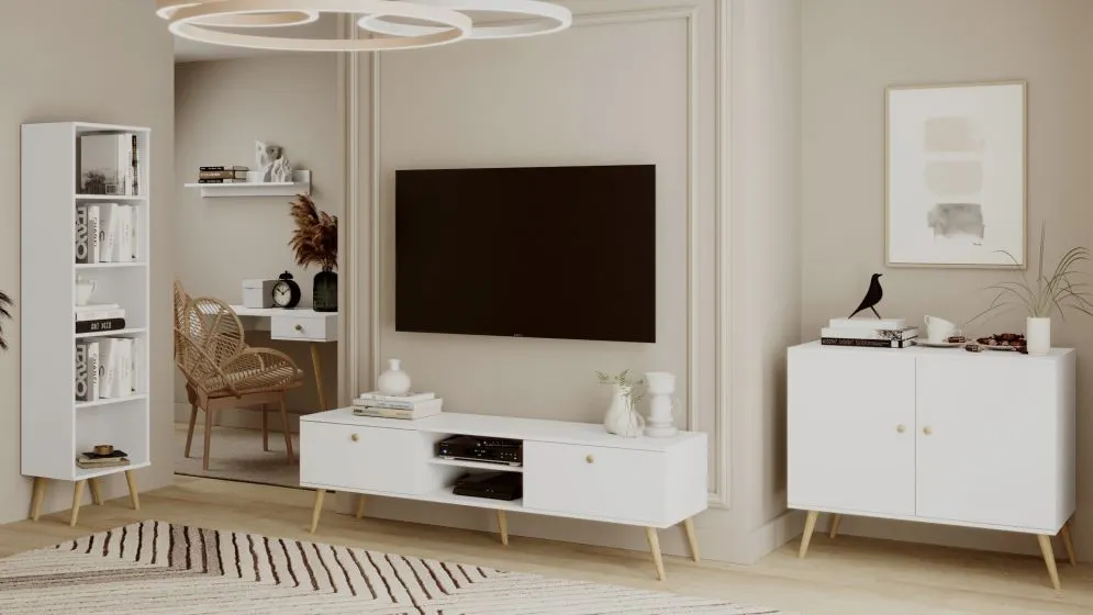 Szafka RTV LEBEL 170 biała mat boho I sklep meblowy MIRAT. styl SKANDYNAWSKI kolekcja LEBEL