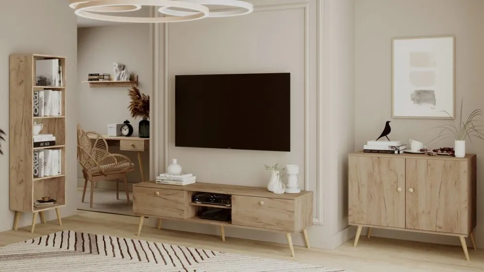 Szafka RTV LEBEL 170 dąb craft złoty na bukowych nogach I sklep meblowy MIRAT. styl SKANDYNAWSKI kolekcja LEBEL