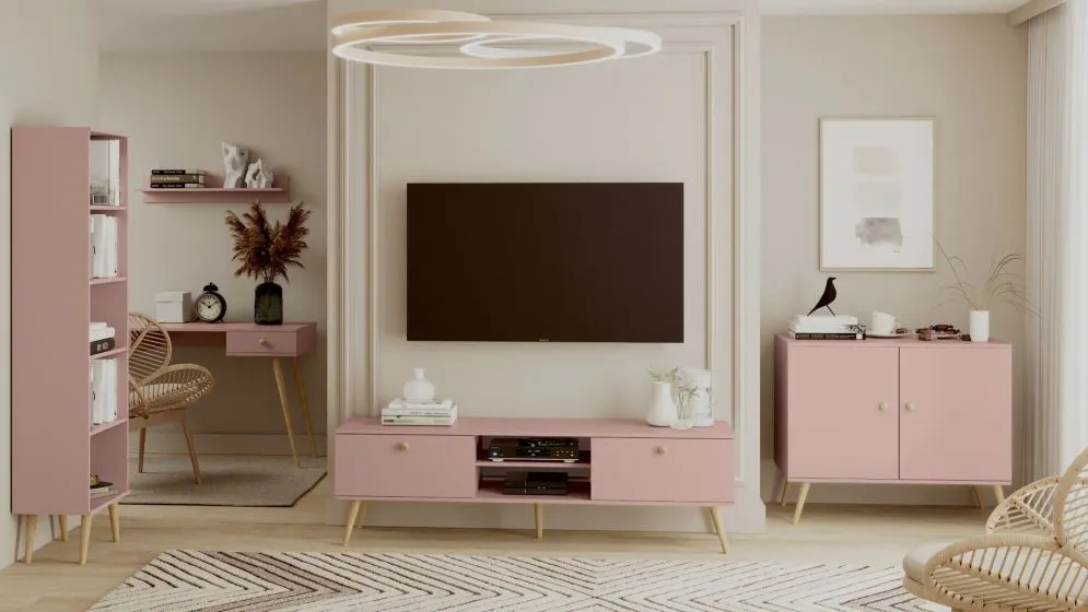 Szafka RTV LEBEL 170 różowa mat na drewnianych nogach I sklep meblowy MIRAT. styl SKANDYNAWSKI kolekcja LEBEL