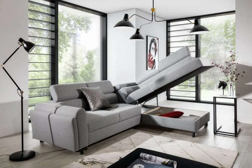 Narożnik z funkcją spania KAIROS VELVET szary prawy do salonu I sklep meblowy MIRAT. styl GLAMOUR