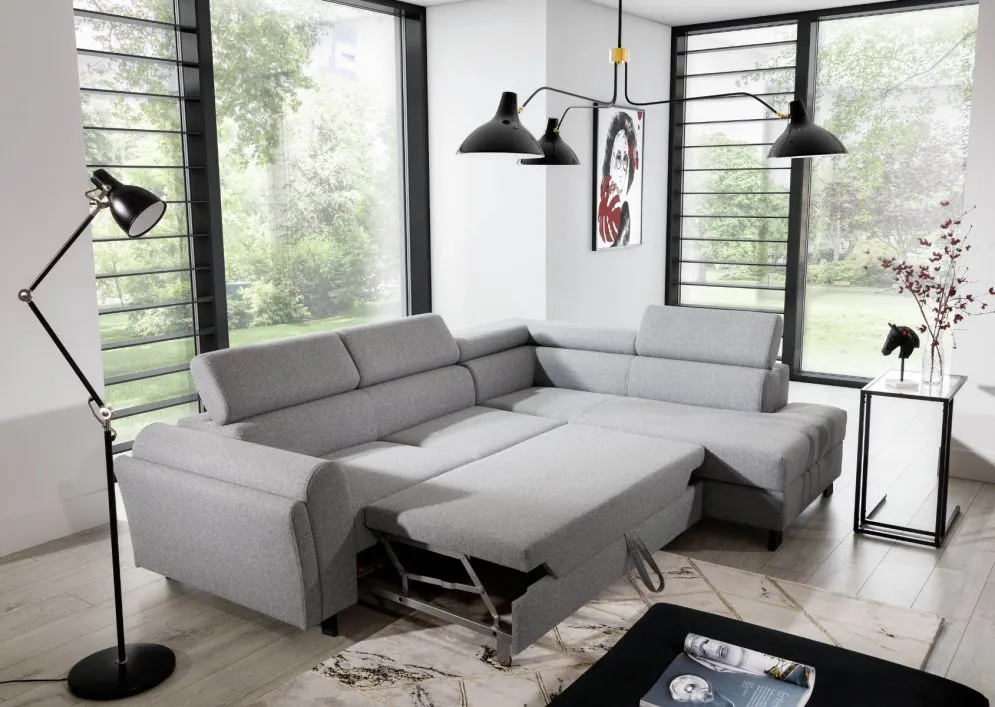 Narożnik z funkcją spania KAIROS VELVET szary prawy do salonu I sklep meblowy MIRAT. styl GLAMOUR