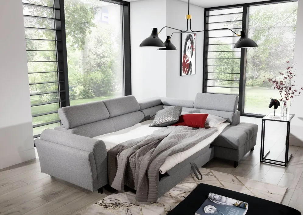 Narożnik z funkcją spania KAIROS VELVET szary prawy do salonu I sklep meblowy MIRAT. styl GLAMOUR