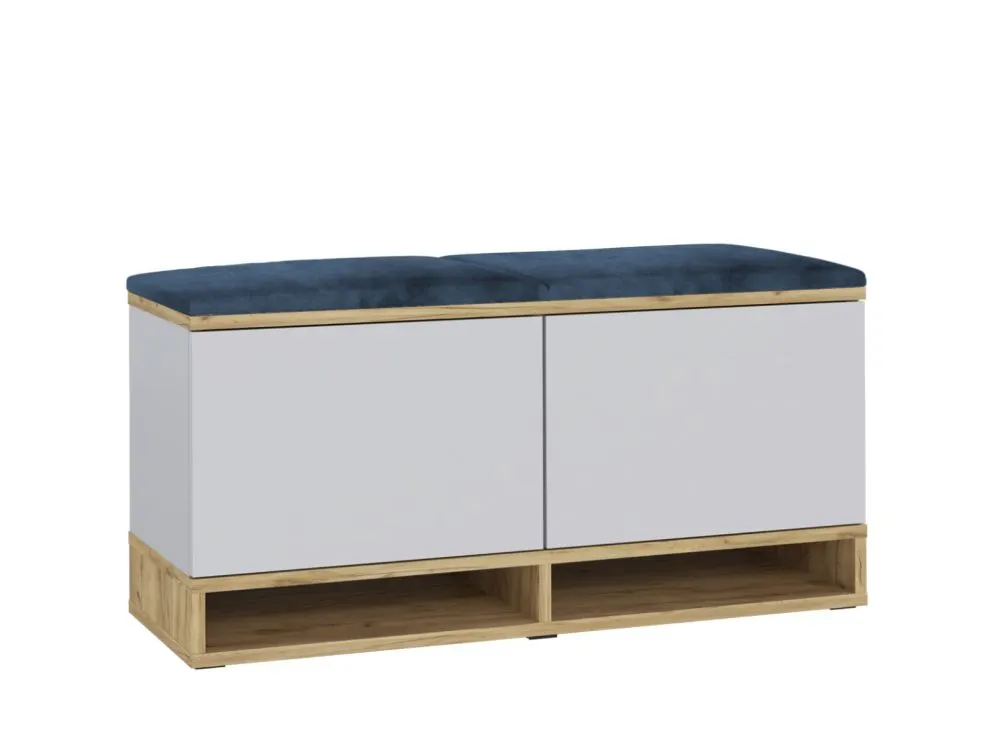 Nowoczesna szafka na buty z siedziskiem DUBAI biały/dąb craft/granat I sklep meblowy MIRAT. styl LOFT, SKANDYNAWSKI