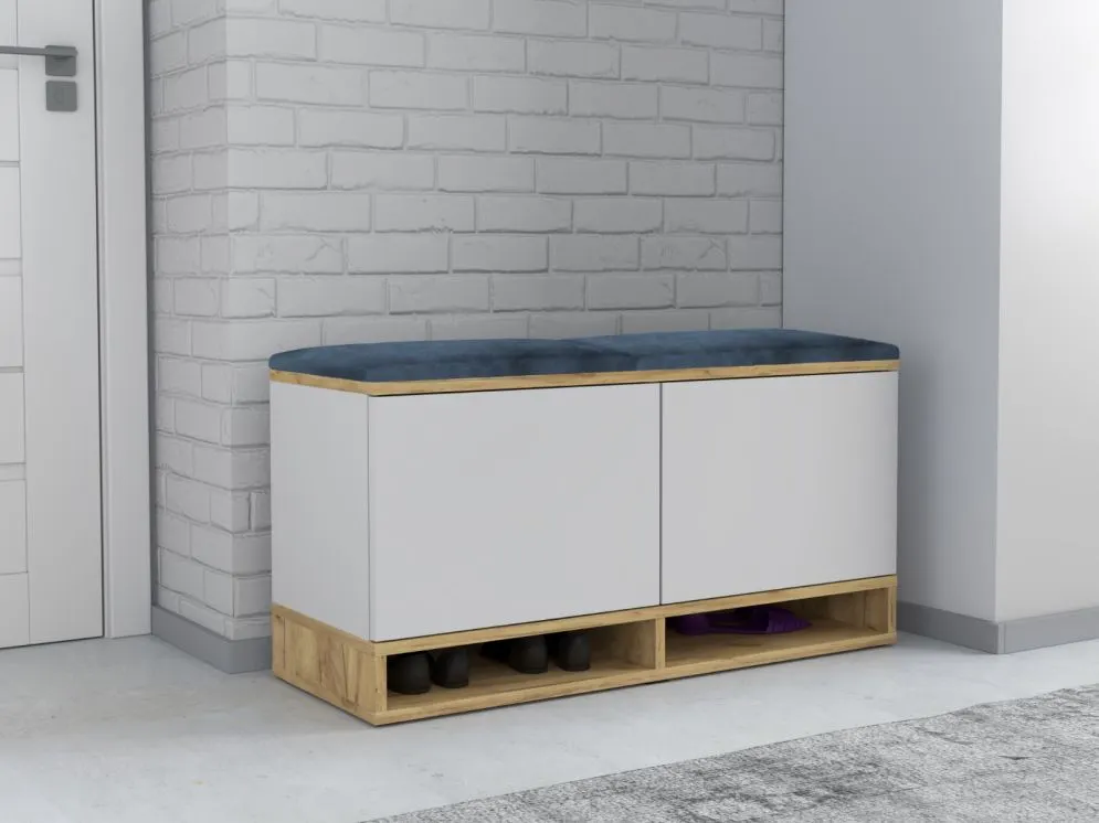 Nowoczesna szafka na buty z siedziskiem DUBAI biały/dąb craft/granat I sklep meblowy MIRAT. styl LOFT, SKANDYNAWSKI