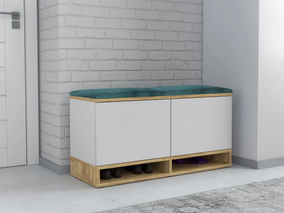 Wygodna szafka na buty z siedziskiem DUBAI biała/dąb craft/zielona I sklep meblowy MIRAT. styl LOFT, SKANDYNAWSKI