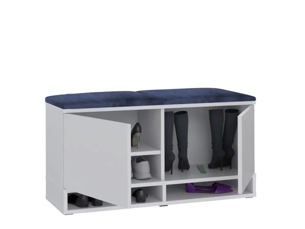 Szafka na buty z siedziskiem tapicerowanym i wieszakiem DUBAI biała/granatowa I sklep meblowy MIRAT. styl LOFT, SKANDYNAWSKI